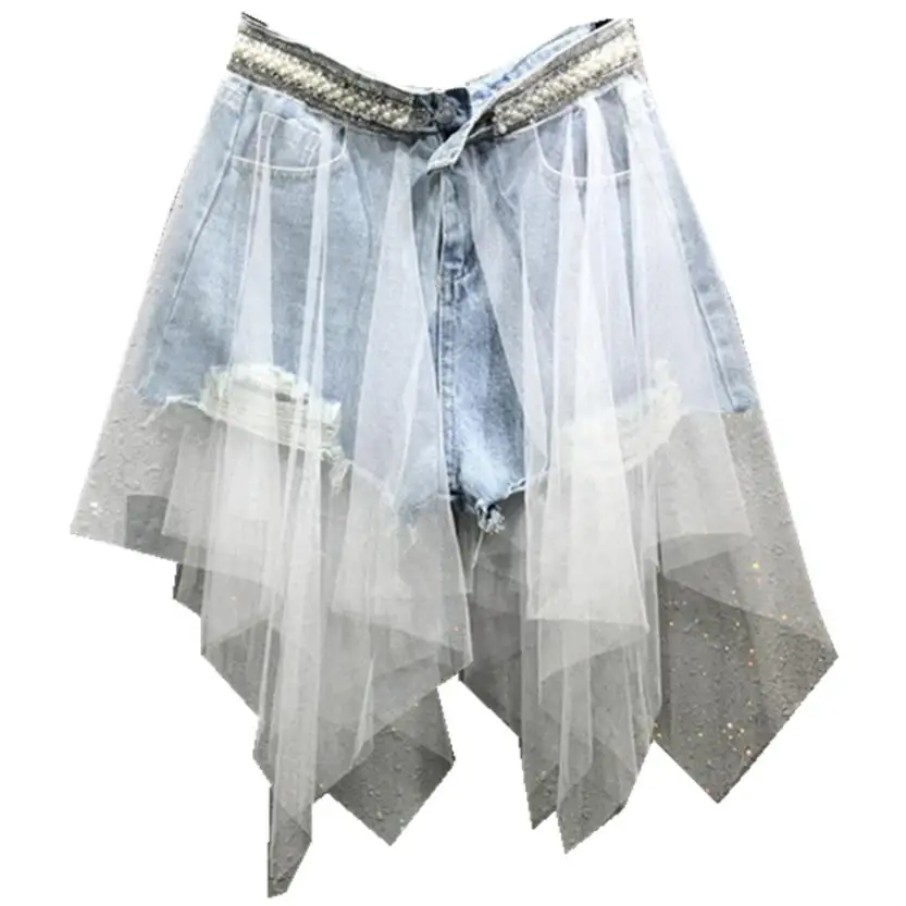 2020 summer new heavy work beaded diamond irregular jeans skirt +mesh stitching high waist denim | Женская одежда