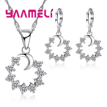 

Star and Moon Jewelry Set 925 Sterling Silver For Women White CZ Crystal Pendant NecklaceEarrings Set Fashion Jewelry