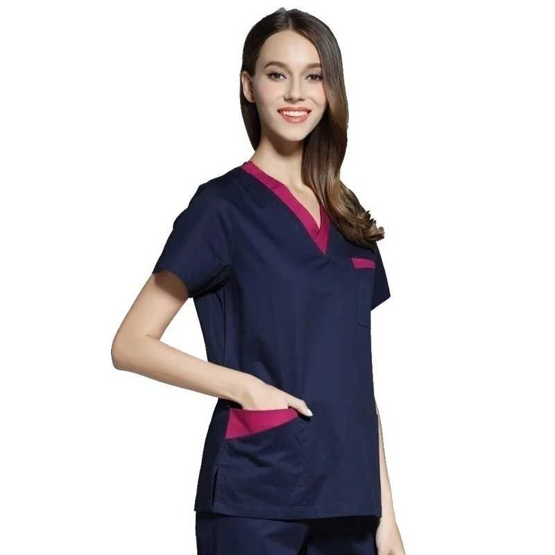 High Quality Women's Medical Uniforms Scrub TOP Short Sleeved V-neck Color Blocking Top Surgery Pharmacy Clothes (juat A Top)