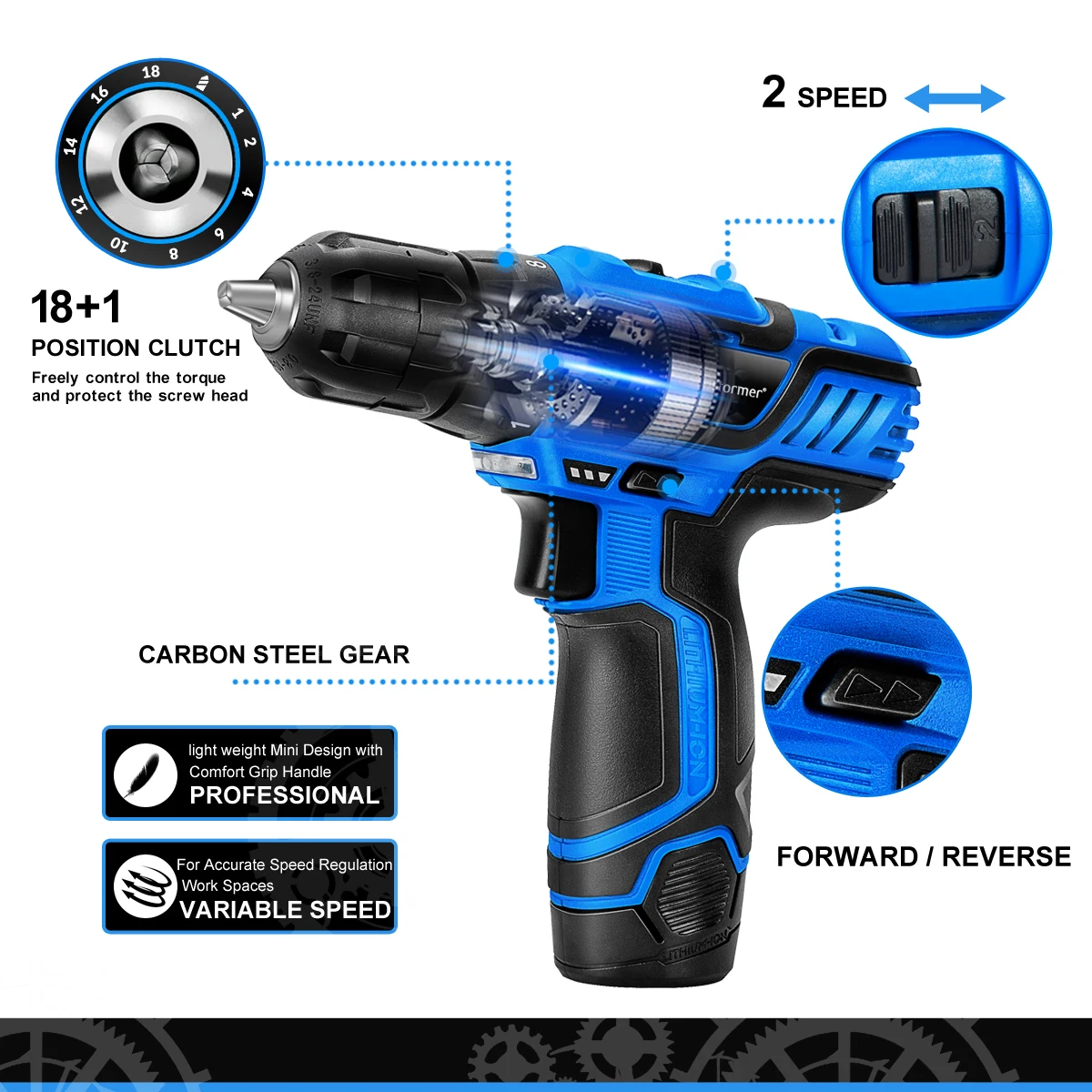 PROSTORMER 12V Cordless Drill 25NM Electric Screwdriver 1h Fast charging Rechargeable Household Mini Power Tools Drill bit Set