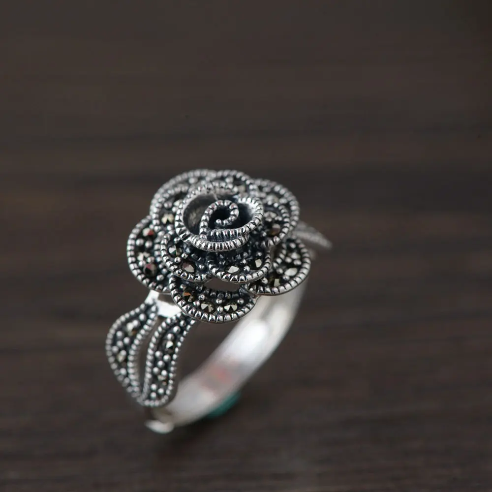 FNJ 925 Серебряное кольцо с цветком розы марказит S925 Стерлинговое Тайское Серебро Кольца для женщин ювелирные изделия регулируемый размер