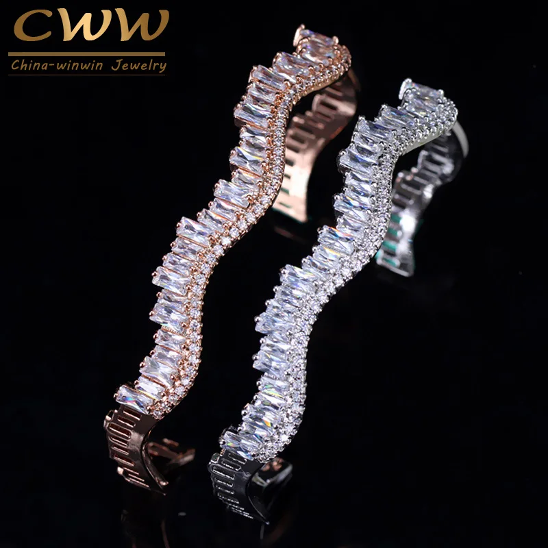 

CWWZircons Trendy AAA High Quality Round And Bar Cubic Zirconia Rose Gold Color Open Cuff Bangles For Women Jewelry Gift BG005