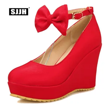 

SJJH Woman Silk Wedges Pumps with Round Toe Platform Bowtie Buckle Comfort Footwear Fashion Sweet Wedding Shoes Large Size Q028