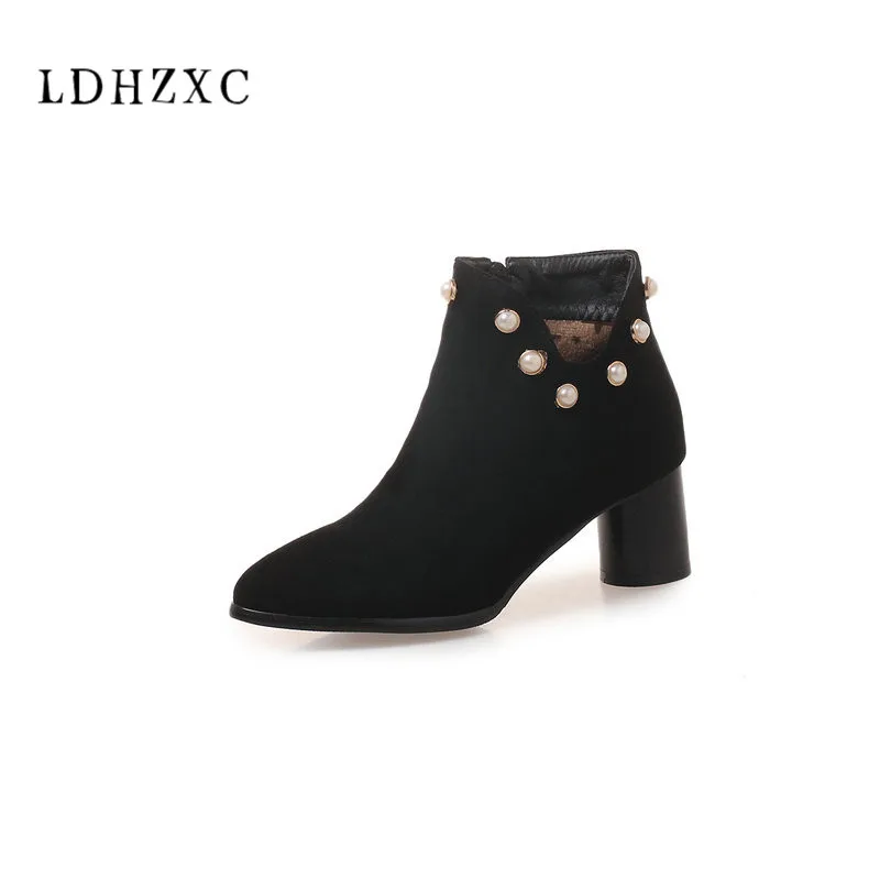 

LDHZXC Black Women Shoes Zipper Women Ankle Boots Winter Boots Casual Square High Heel Women Boots Big Size 34-46