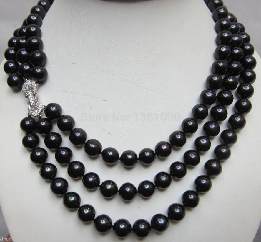 

bjc 000509 Charming 3 rows 10-11MM NATURAL TAHITIAN BLACK PEARL NECKLACE Silver clasp (C0309)