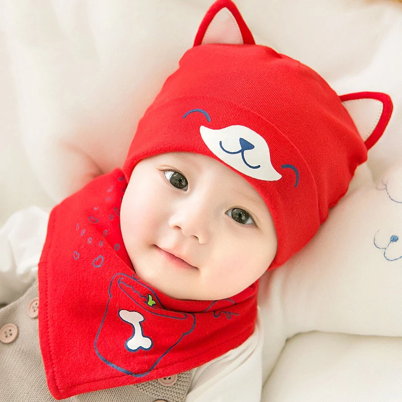 

Spring Autumn 2 Pcs Cartoon Fox Baby Beanie with Ears Bib Set Infant Newborn Girls Boys Hat with Bibs