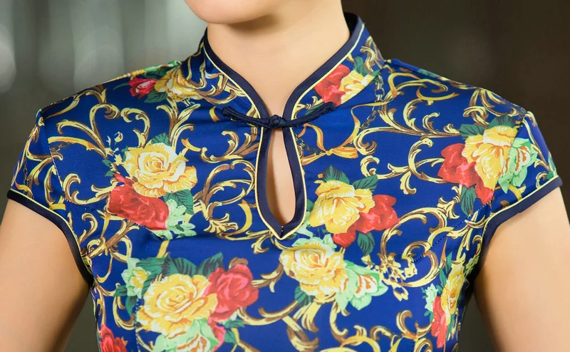 Брендовые новые синие китайские Женские Длинные атласные Cheongsam летние горячие продажи Qipao Цветочные Повседневные платья Размер S M L XL XXL 020809