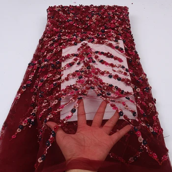 

Red Nigerian Wedding Fabric Lace With Beads, African Lace Fabric Materials, Handmade Embroidery Laces MR2634B