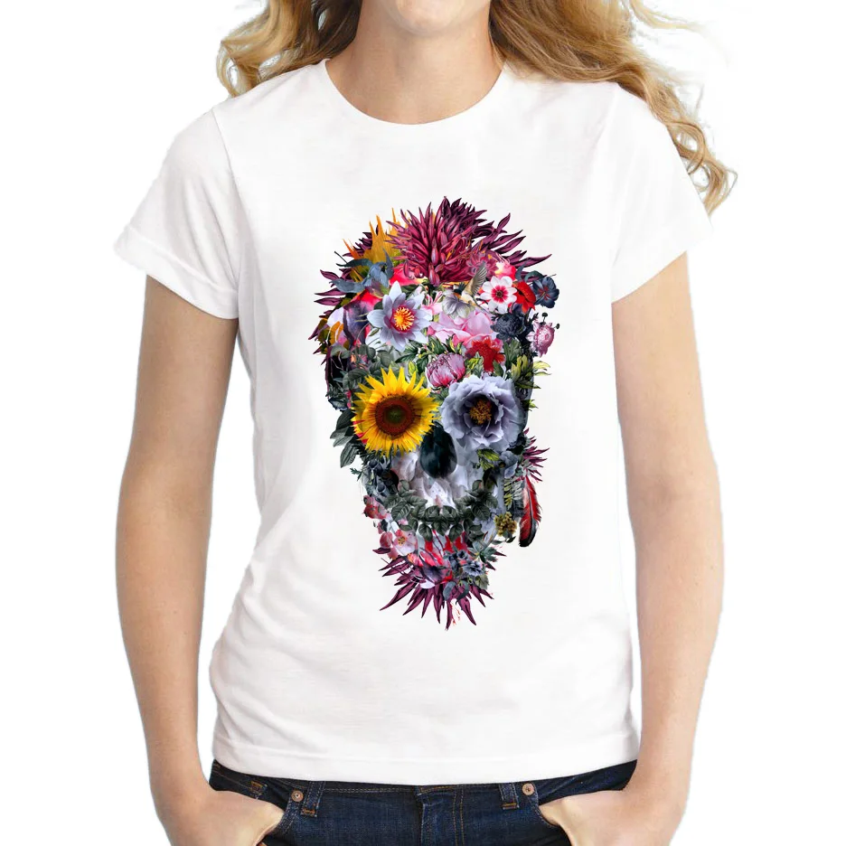 

2019 Women T Shirts Fashion Voodoo Skull Design Short Sleeve Casual Tops Hipster Flower Skull Printed T-Shirt Cool Tee