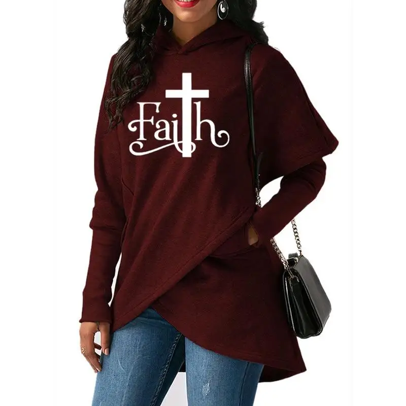 Высокое качество Большой размер дропшиппинг Новая мода Faith печати толстовки женские свитера толстовки Женская одежда