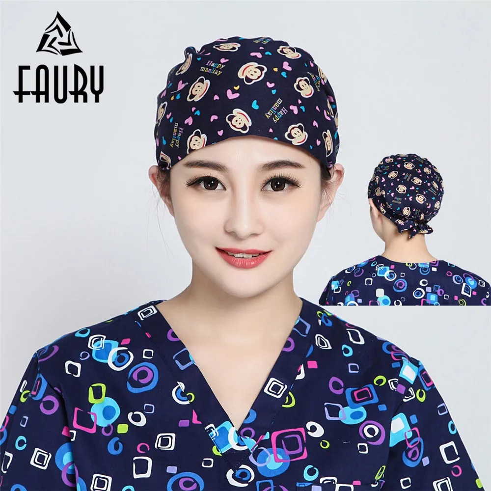 Women Men Monkey Flowers Print Cap Masks Nurse Doctor Surgical Hospital
