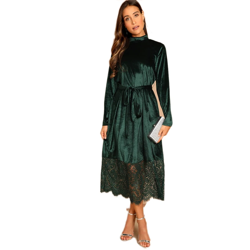 Waist belted mock neck velvet dress Clearance