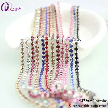 

Big discount 10yards/lot boutique ss12(3mm) fashion findings multi color copper close silver base glitter DIY rhinestone chains