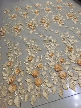 

2018 Nigerian Tulle Lace Fabric Fast Shipping African Lace Fabric For Wedding Gold color 3 d Embroidery Beaded Lace Fabric