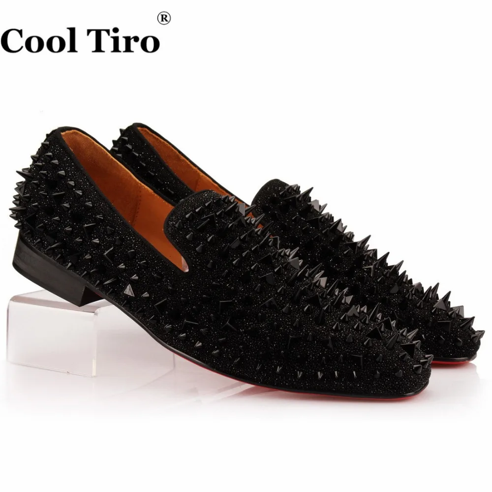 COOL TIRO Handmade Mens Shoes Studded Spike Black sequin drill Loafers Runway Shining Rivets Party Dress Men | Обувь