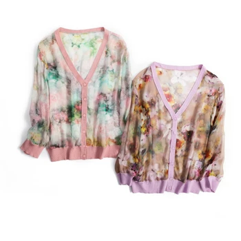 

Blouse Women Cardigan 100% Silk Printed Patchwork Design O Neck Three-quarter Sleeves 2 Colors Sunscreen Clothing Fashion 2019