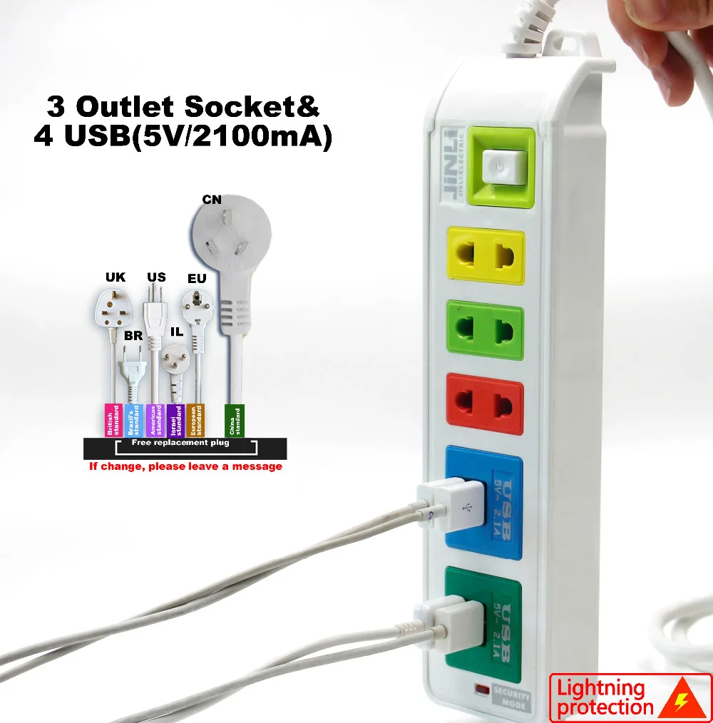 BR IL АС США Великобритании ЕС розетка адаптер Быстрая зарядка 4 USB Электрический удлинитель с ценой