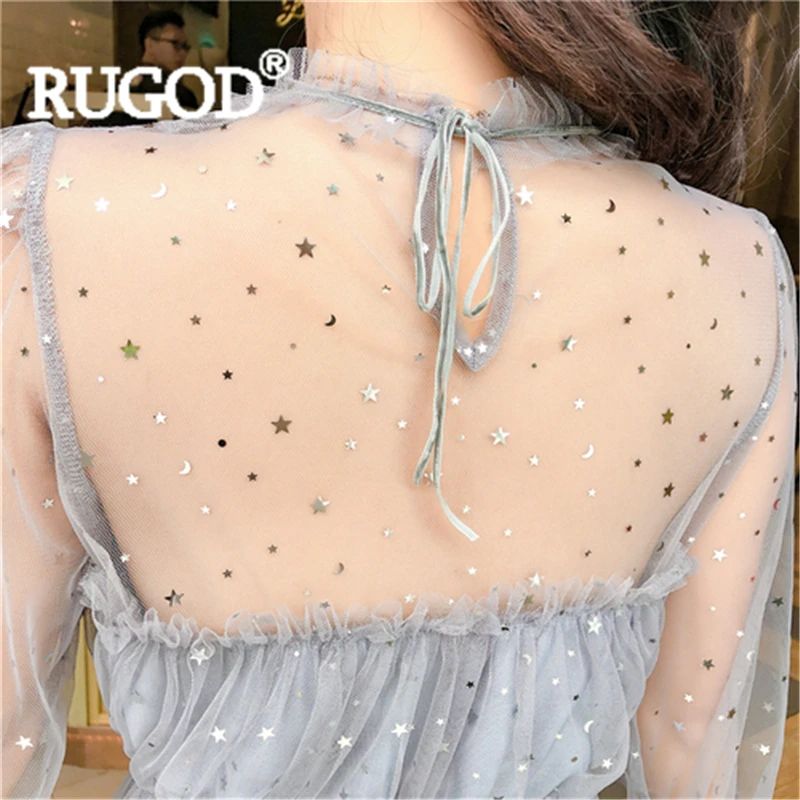 Платье RUGOD женское длинное Сетчатое с изображением звезд о образный вырез