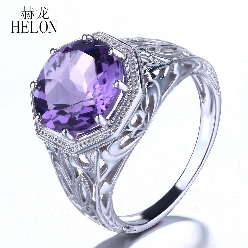 

HELON 10mm Round Flawless 3.7ct Amethyst Solid 10k White Gold Engagement Wedding Ring Art Deco Style Vintage Women Jewelry Ring