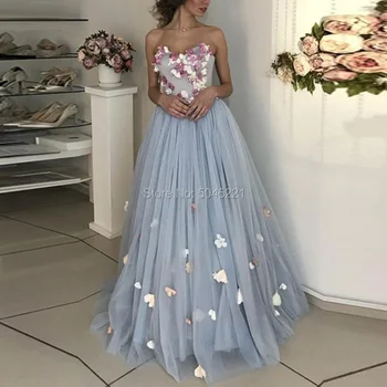 

Blue Long 3D Flower Formal Evening Dresses For Weddings 2019 Arabic Dubai Sleeveless Tulle Aibye Prom Dress Party Gowns Vestidos