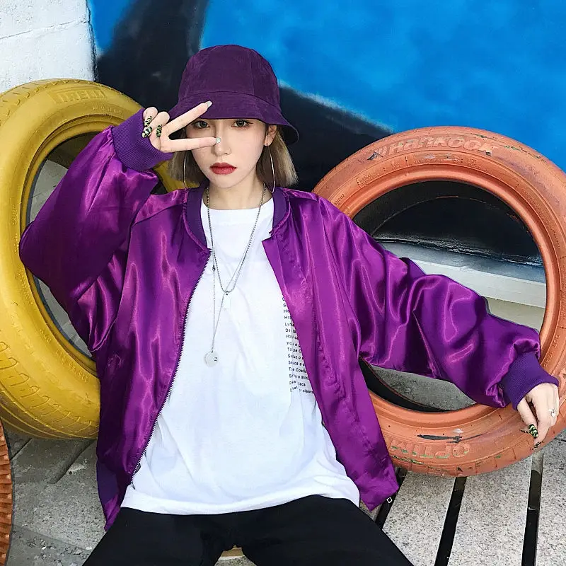 Harajuku Womens Autumn Winter Bomber Jacket Ladies Red Baseball Windbreaker Jackets Zipper Purple Basic Jacket Coat Outwear