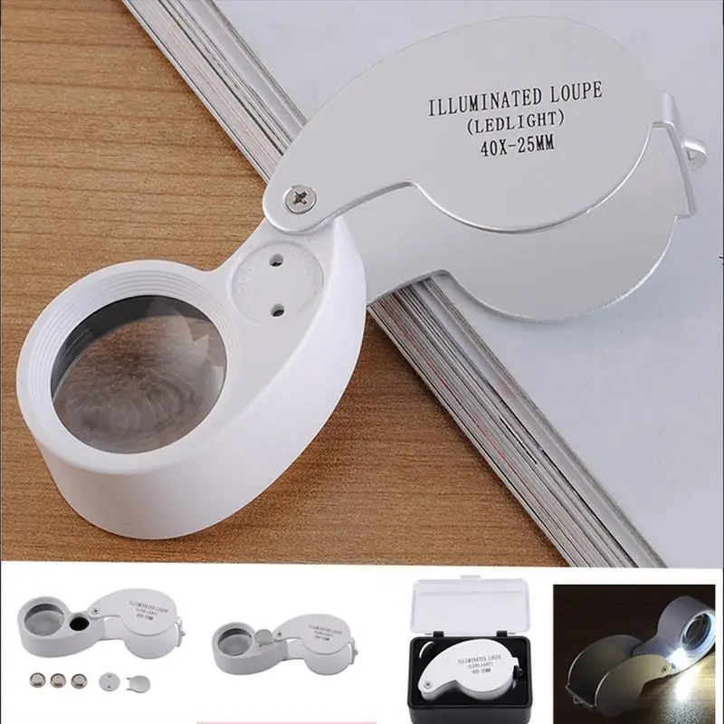 

Mini 40X Power Jewelers Magnifier Magnifying Glass Eye Loupe Jewelry Store Silver LED Lights Jeweler Loupe Folding Magnifier