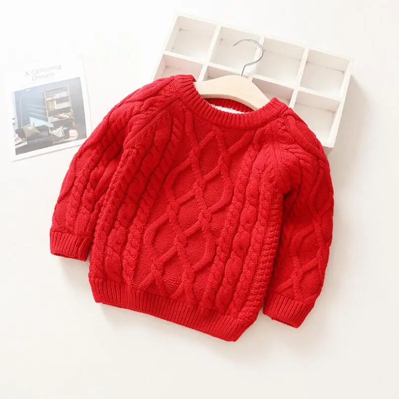 Детский свитер для мальчиков и девочек на зиму, теплые плотные свитера с круглым вырезом, Детский кардиган на флисовой подкладке для мальчиков и девочек, пуловер, топы - Цвет: red