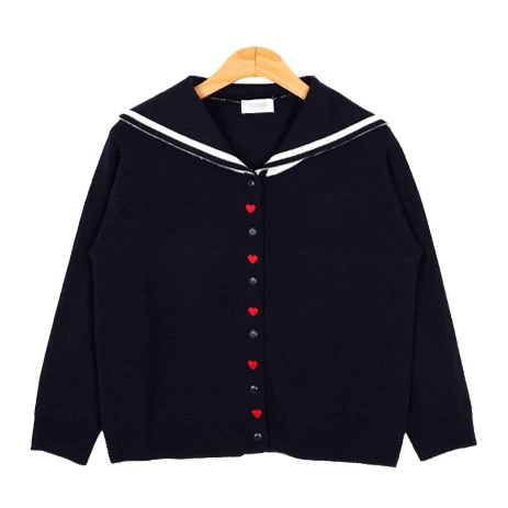 Spring Women 's New Cute Navy collar Water Hand Wind Knit Cardigan heart shaped Peach Heart Embroidered Cardigan sweater for gir