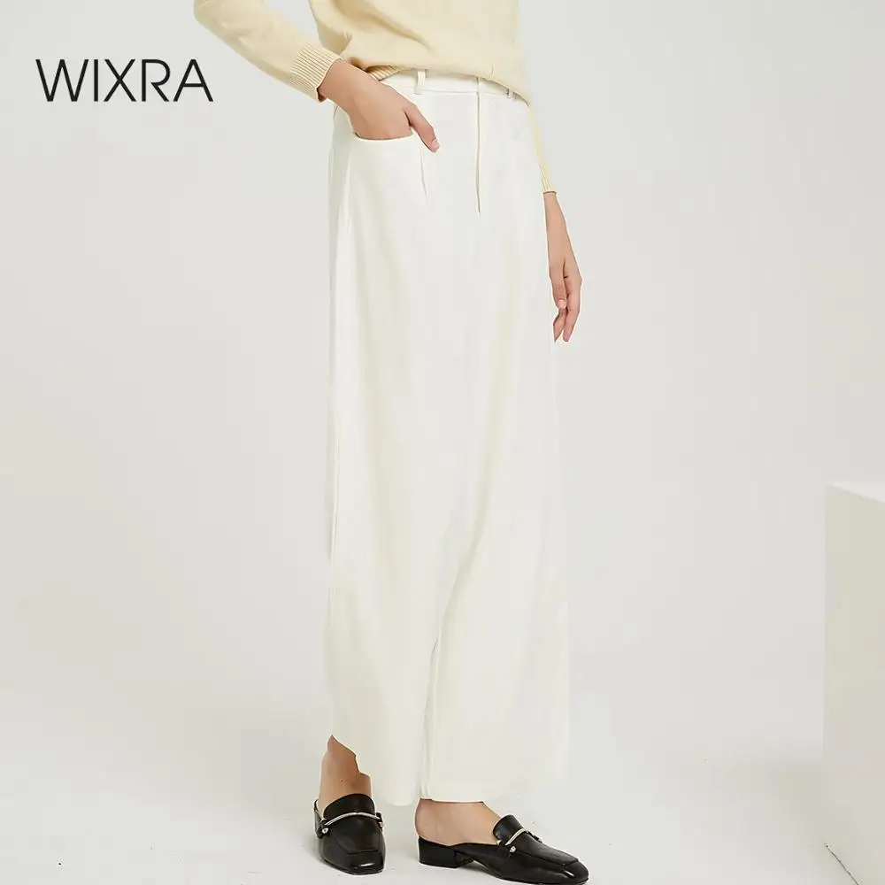 

Wixra White Stylish Wide Leg Long Pants High Elastic Waist Pockets Women Loose Trousers 2019 Spring Autumn