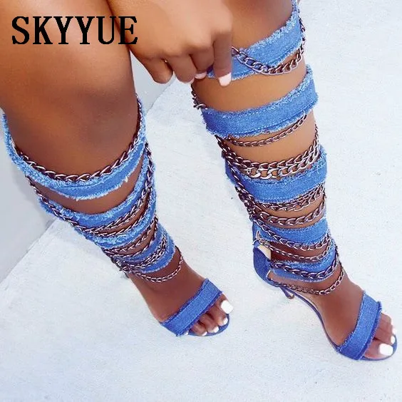 

2018 New Black Metal Chian Jeans Cutout Ladies Women Sandals Sexy Open Toe Thin HIgh Heel Women Summer Sandal Boots Shoes Women