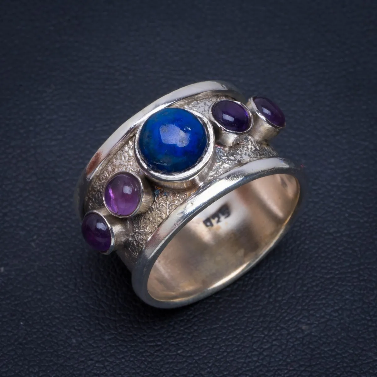 

Natural Lapis Lazuli And Amethyst Handmade Unique 925 Sterling Silver Ring 8 B1025