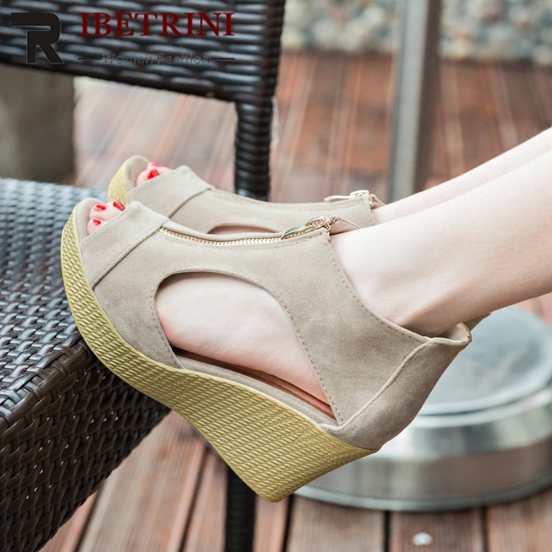 

RIBETRINI Hot Sale Dropship Peep Toe Sandals Women 2019 Summer Large Size 35-41 Zipper Platform Women Wedges Shoes Woman