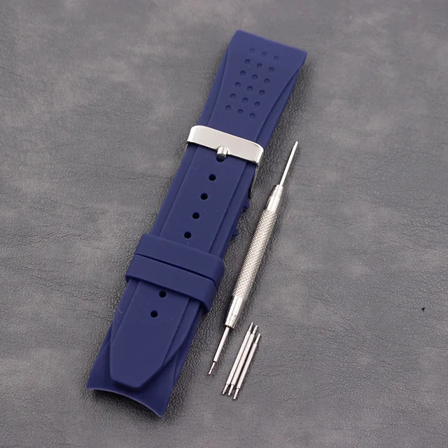 Silicone strap men's 24mm ladies sports and leisure waterproof natural rubber curved strap accessories pin buckle Dark blue