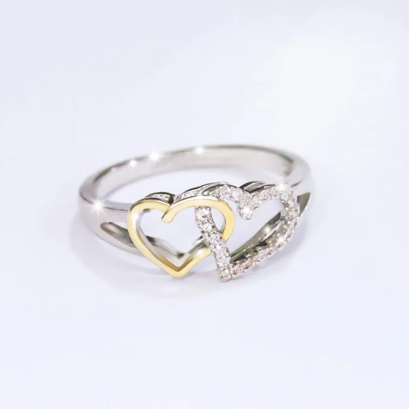 Trendy Double Heart Rings for Women Gold Color & AAA Zircon Fashion Jewelry For Lovers Bijoux Anillos Daily Wear Bague B2300 (1)