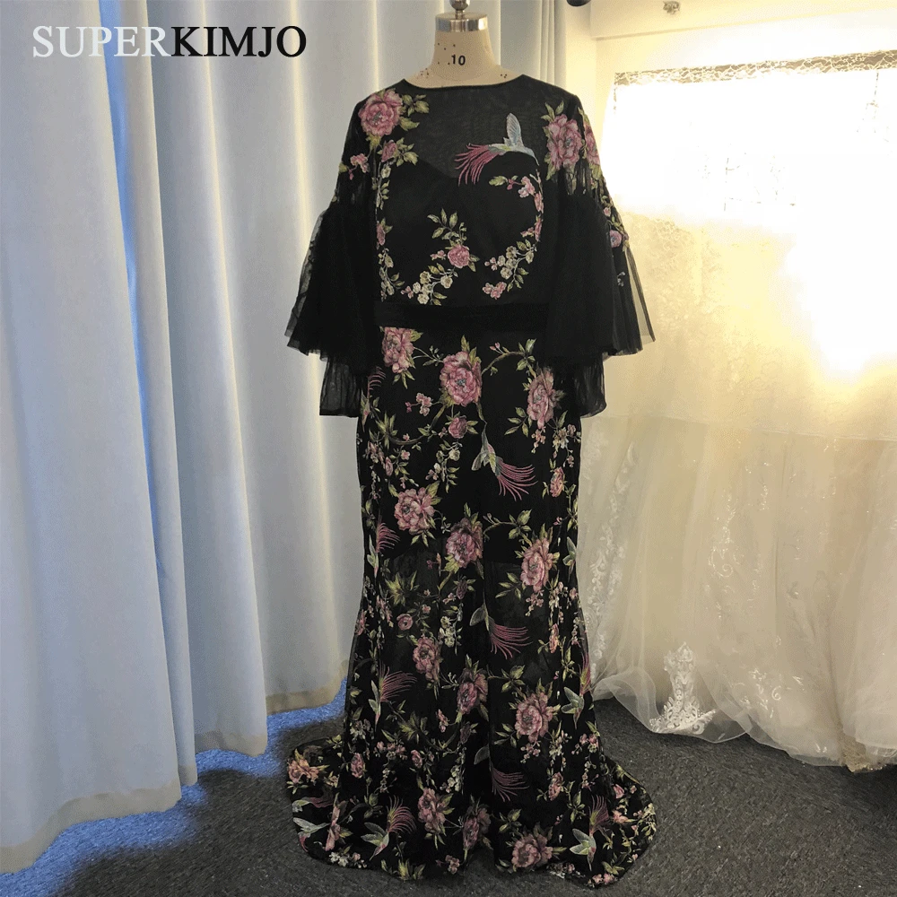 

SuperKimJo Embroidery Applique Evening Dresses 2019 Long Black Mermaid Elegant Evening Gown Formal Dresses Robe De Soiree