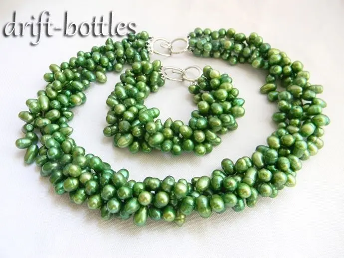 

Jewelry 00413 4Strands 18''/8'' Green rice Freshwater Pearl Necklace Bracelet Set (A0423)