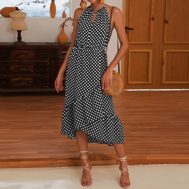 

2019 Hot Sale Summer Womens Polka Dot Sleeveless Ruffle Maxi Dress Holiday Beach Halter Neck Sundress Black Coffee Casual Dress