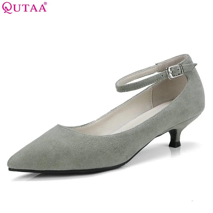 

QUTAA 2018 Women Pumps Casual Buckle Women Shoes Pointed Toe Thin Heel Westrn Style All Match Kid Suede Ladies Pumps Size 34-41