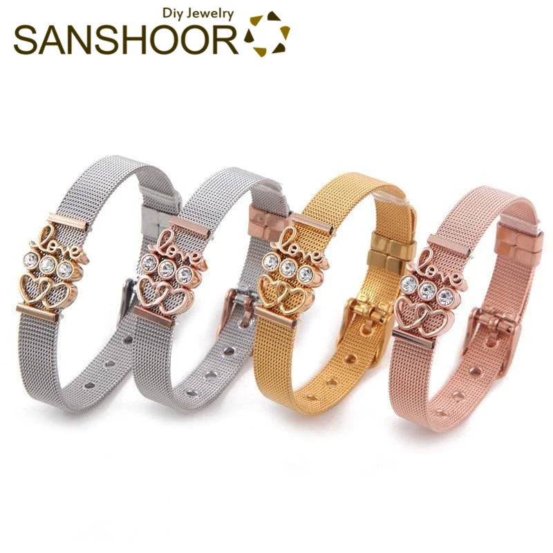 

SANSHOOR Fashion Love Keeper Bracelet Set With Sparkling Trio Double Heart Slide Charms 21cm Stainless Steel Armband For Women