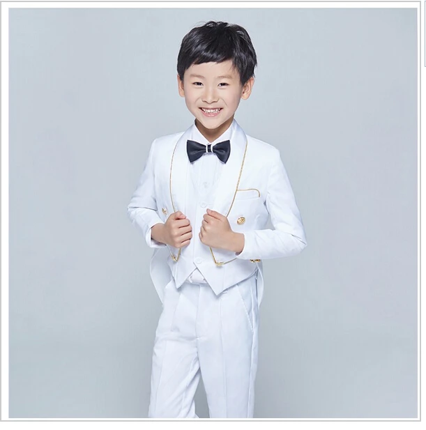 Новейший смокинг для мальчиков, жакет с отворотом, штаны, дизайнерский Детский костюм, белые детские костюмы на свадьбу/выпускной(куртка+ штаны+ жилет+ галстук