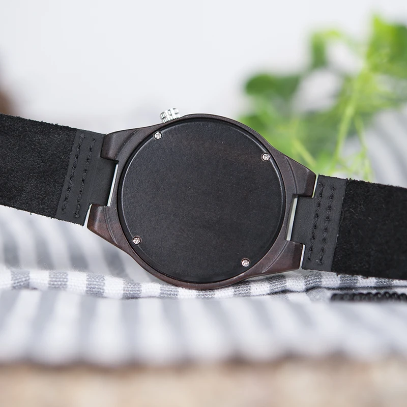 BOBO BIRD Ebony Men Watches CbB12 With Leather Strap Japanese Movement Quartz with Silver Hands Uomo Orologio in Gift Box