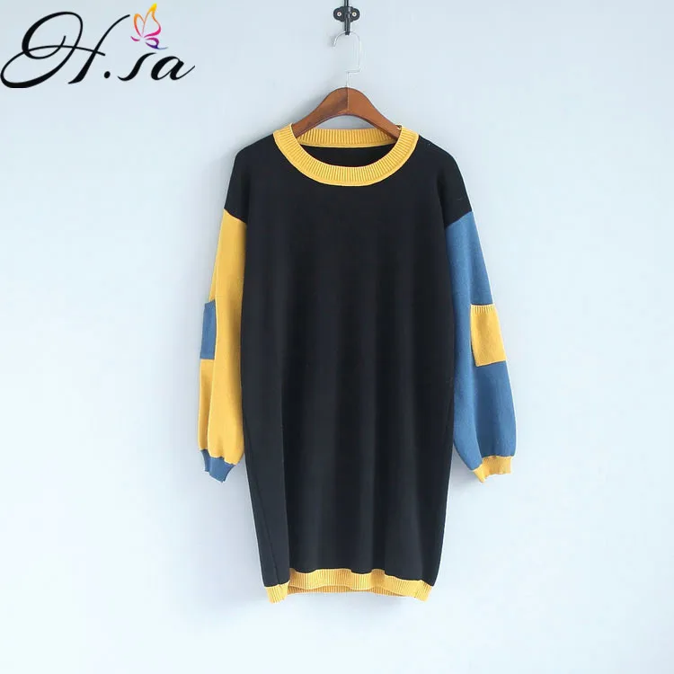 H.SA Women Winter Sweater Dresses Oneck Casual Patchwork Knitted Long Jumpers Puff Sleeve Loose Knitted Dress christmas jumper