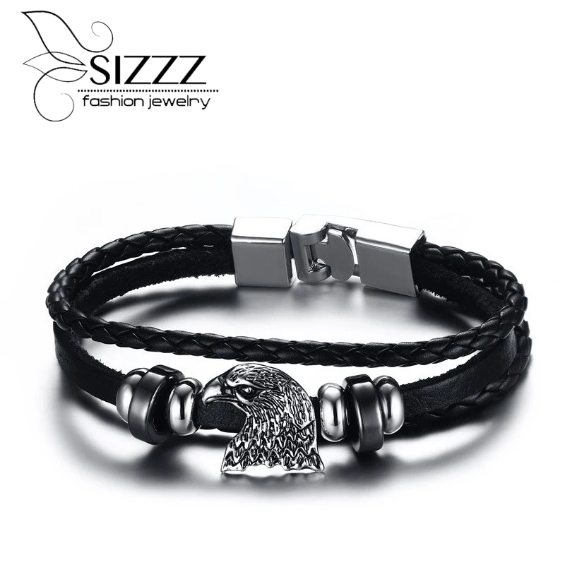 Новинка, модные кожаные браслеты, плетеные, Змеиный, из сплава, с бусинами, Орлом, браслеты для мужчин, ювелирные изделия