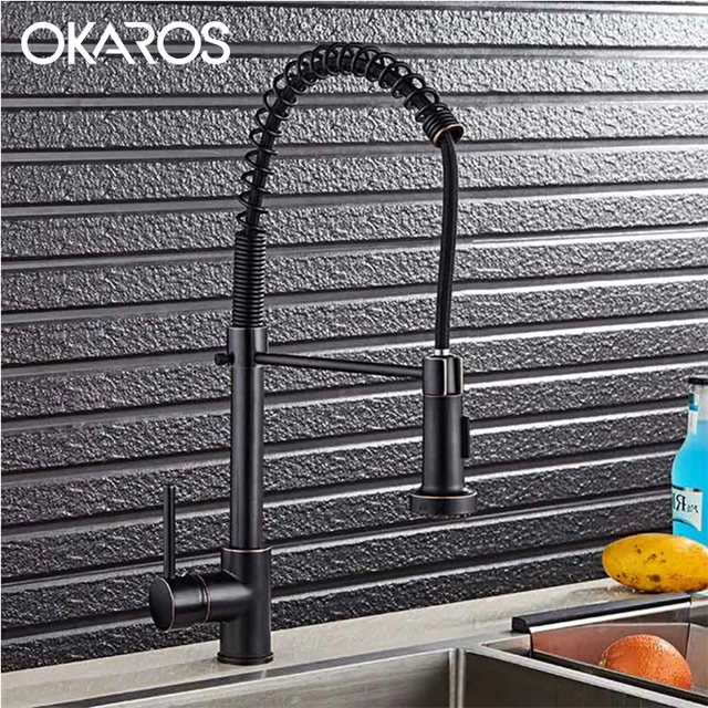 Special Offers OKAROS Pull Out Kitchen Faucet Brass Nickle Brushed 360 Degree Rotation Single Handle Vessel Sink Hot Cold Water Tap Mixer C014