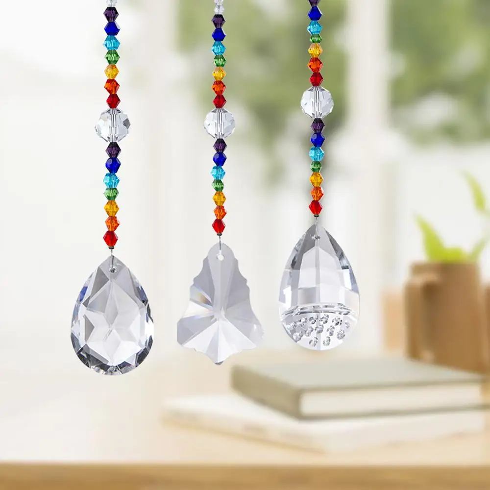 H&D 3pcs Rainbow Hanging Crystal Prism Suncatcher with Chakra Crystal Beads for Window,Chandelier Crystal Part,Home Garden Decor