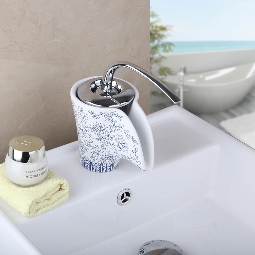 

Deck Mounted Tap Waterfall Faucet Bathroom Basin Sink Faucet White Ceramic Finish Hot & Cold Mixer