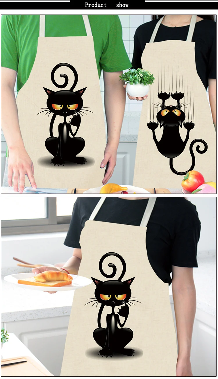 Kitchen Cute Cat Printed Sleeveless Cotton Linen Apron