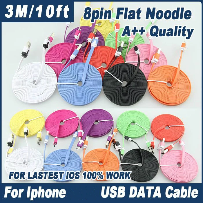 

1M 2m 3m 8pin Flat Noodle Colorful Sync Data Charging Charger Adapter Usb Cable for Iphone XS Max XR X 8 7 6 Plus 5 100pcs/lot