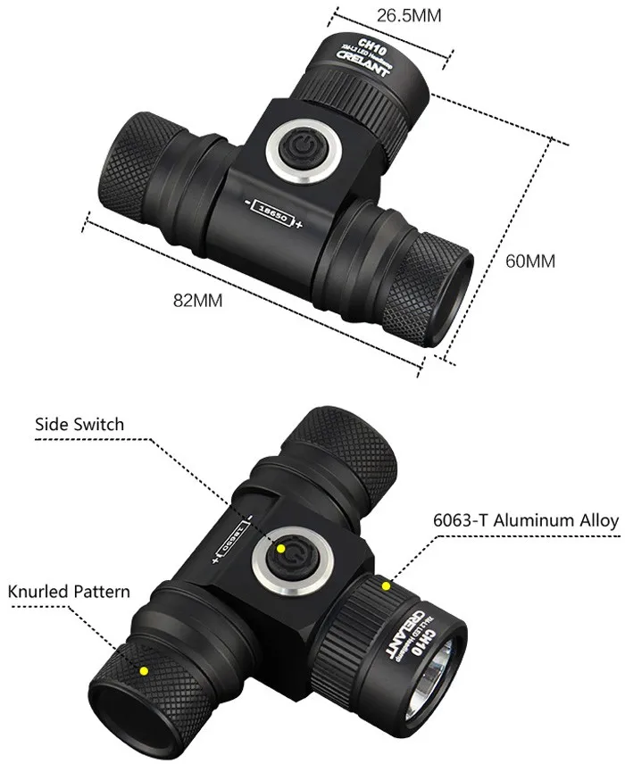 CRELANT CH10 фар Cree XP-L Hi светодиодный Плавная тусклая головная лампа(1x18650 или 2 x CR123A