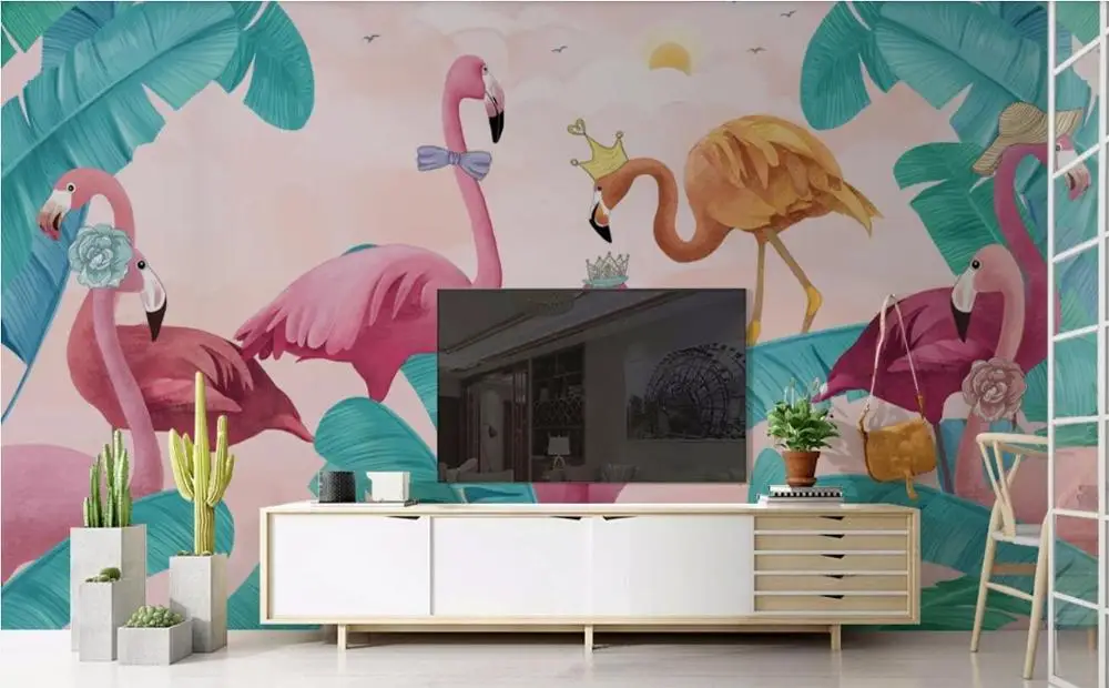

Medieval hand drawn tropical flamingo bedroom living room sofa background wallpaper mural